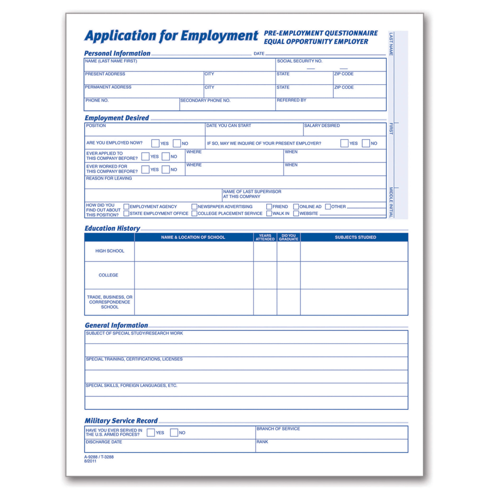Adams Application For Employment, 8 1/2in x 11in, Pack Of 25