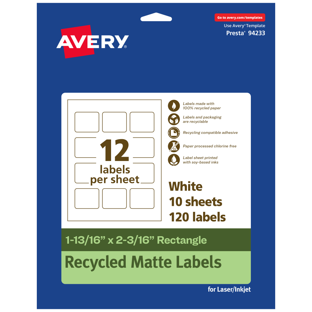 Avery Recycled Paper Labels, 94233-EWMP10, Rectangle, 1-13/16in x 2-3/16in, White, Pack Of 120