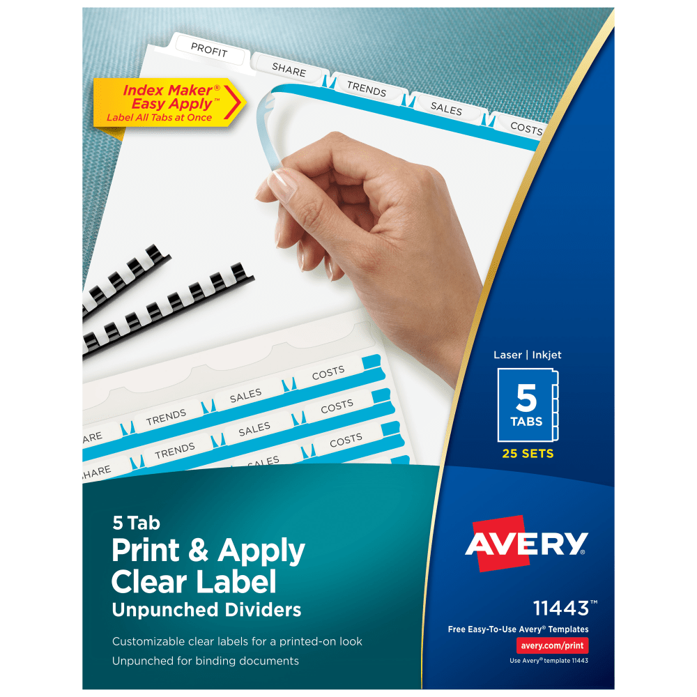 Avery Unpunched Customizable Dividers For Use With Any Binding System, 5 Tab, White, 25 Sets - 11443