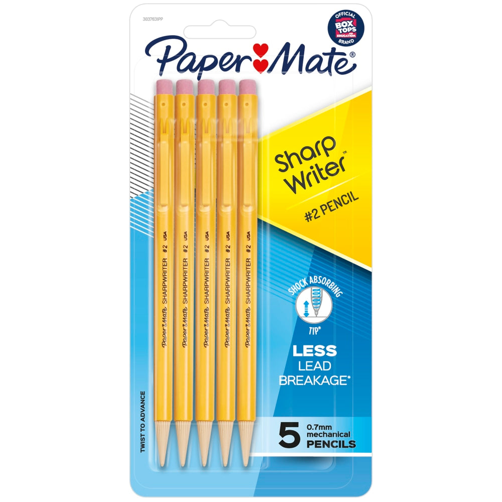 Paper Mate SharpWriter Mechanical Pencils, 0.7 mm, Yellow Barrel, Pack Of 5 Pencils