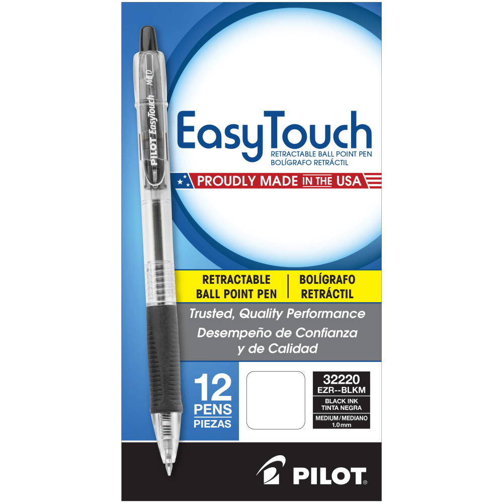 Pilot EasyTouch Retractable Ballpoint Pens, Medium Point, 1.0 mm, Clear Barrel, Black Ink, Pack Of 12, 32220