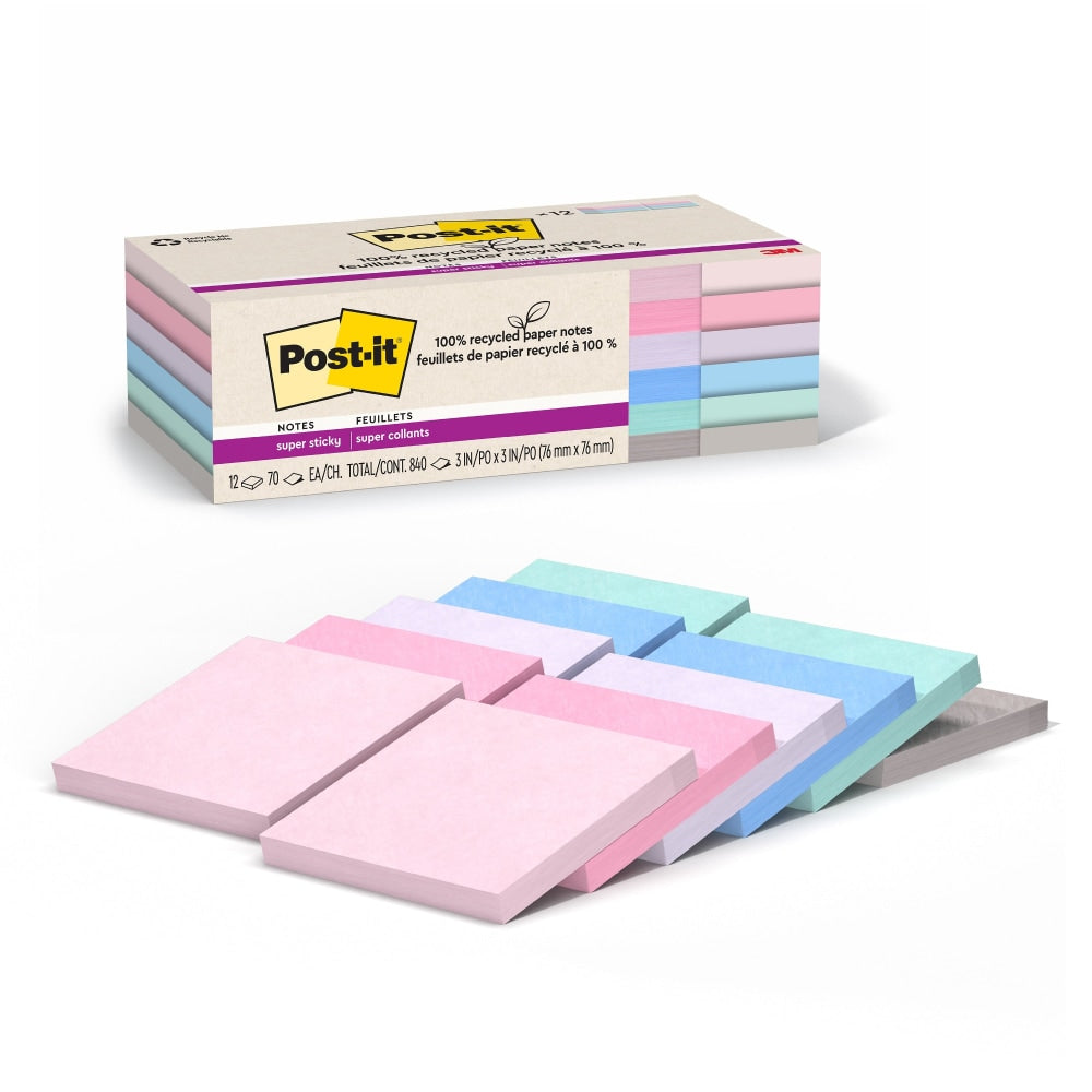 Post-it Super Sticky 100% Recycled Paper Notes, 3 x 3 in, 12 Note Pads, 70 Sheets/Pad, 2X the Sticking Power, School Supplies, Wanderlust Pastels