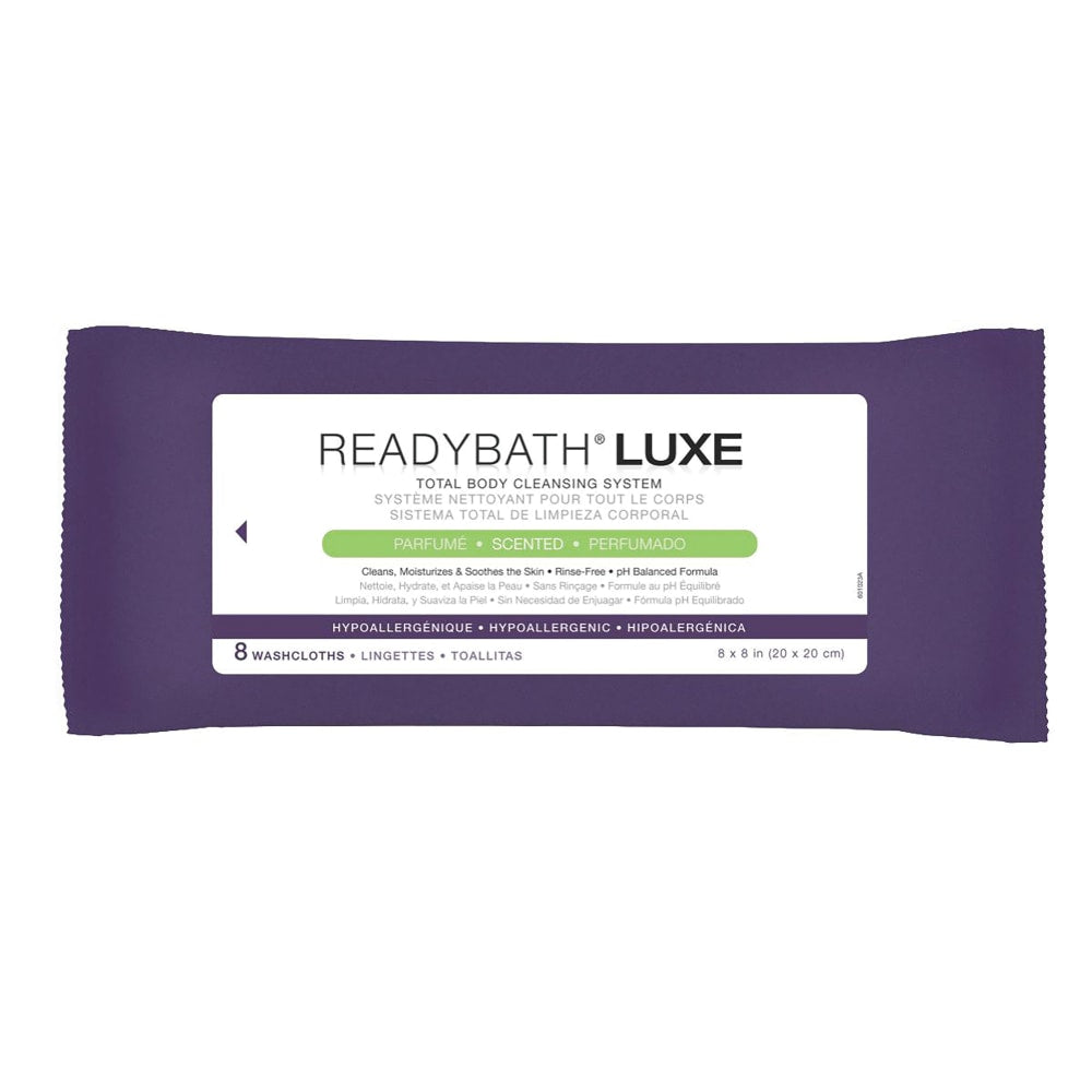 ReadyBath LUXE Total Body Cleansing Heavyweight Washcloths, Scented, 8in x 8in, White, 8 Washcloths Per Pack, Case Of 24 Packs