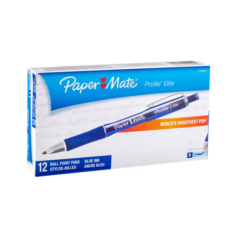 Paper Mate Profile Elite Retractable Ballpoint Pens, Bold Point, 1.4 mm, Blue Barrel, Blue Ink, Pack Of 12