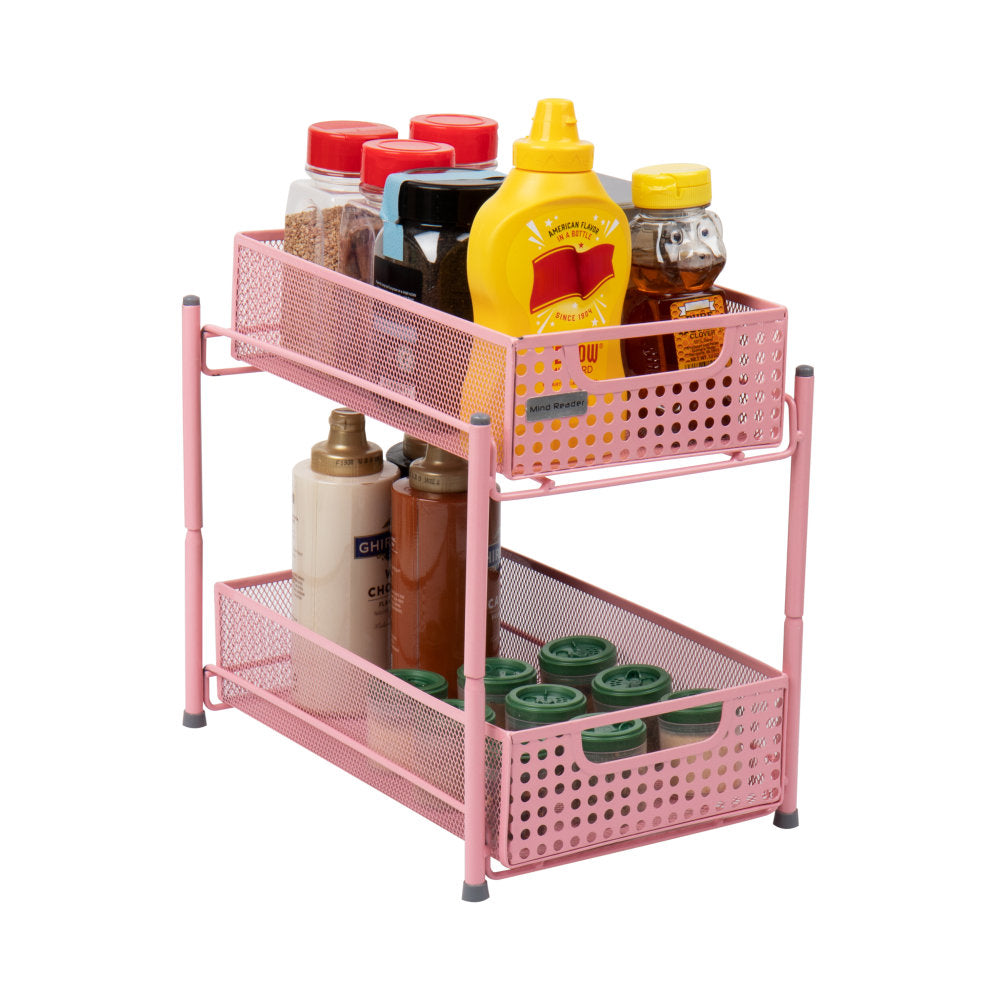 Mind Reader 2-Tier Mesh Cabinet Basket, 11-1/4in H x 12-1/2in W x 8in D, Pink