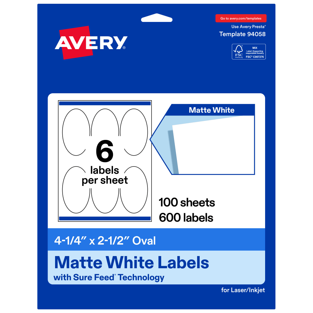 Avery Permanent Labels With Sure Feed, 94058-WMP100, Oval, 4-1/4in x 2-1/2in, White, Pack Of 600