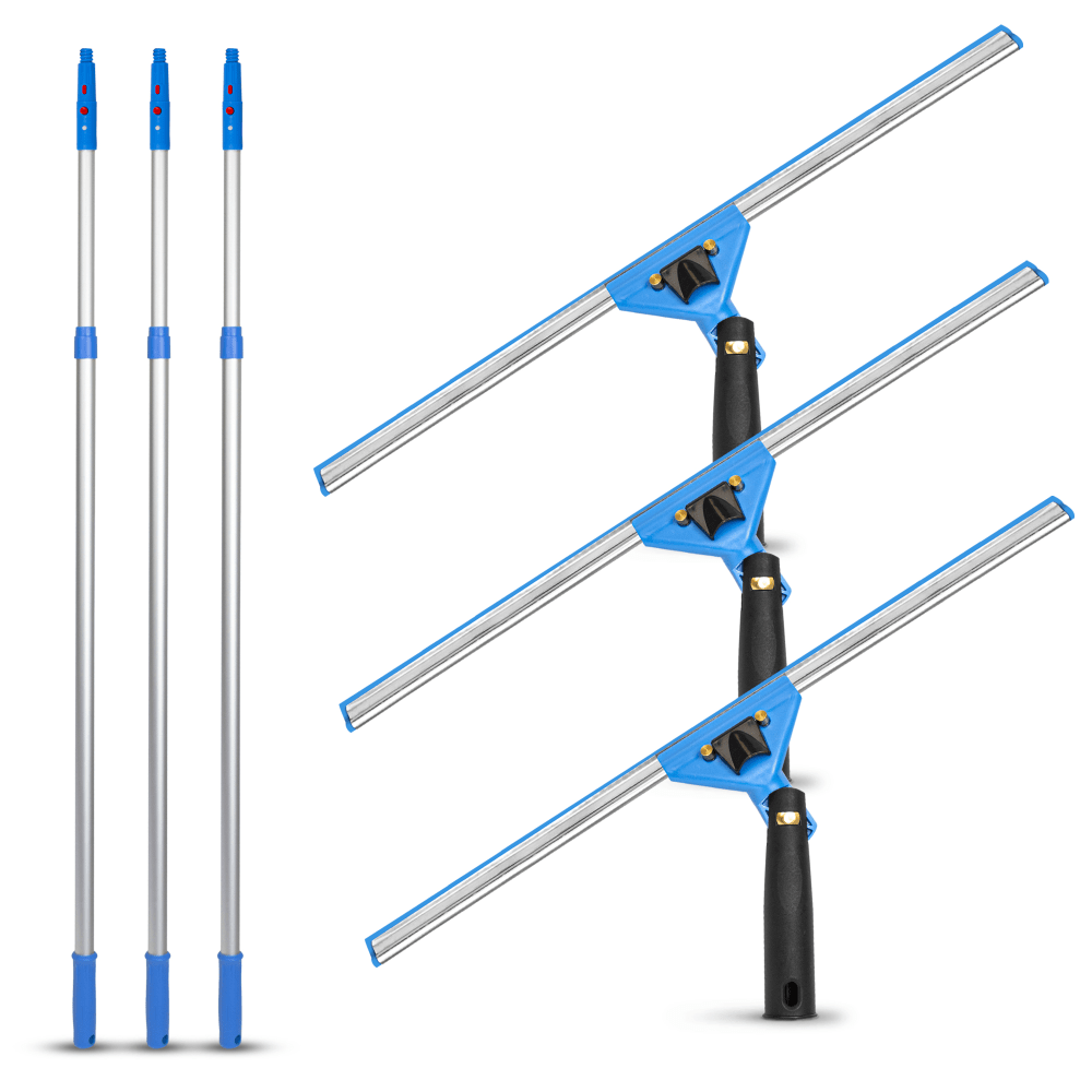 Gritt Commercial Swivel Window Squeegee And Telescopic Pole Window Washing Kit, 18in Squeegee/6ft Pole, Multicolor, Pack Of 3 Kits