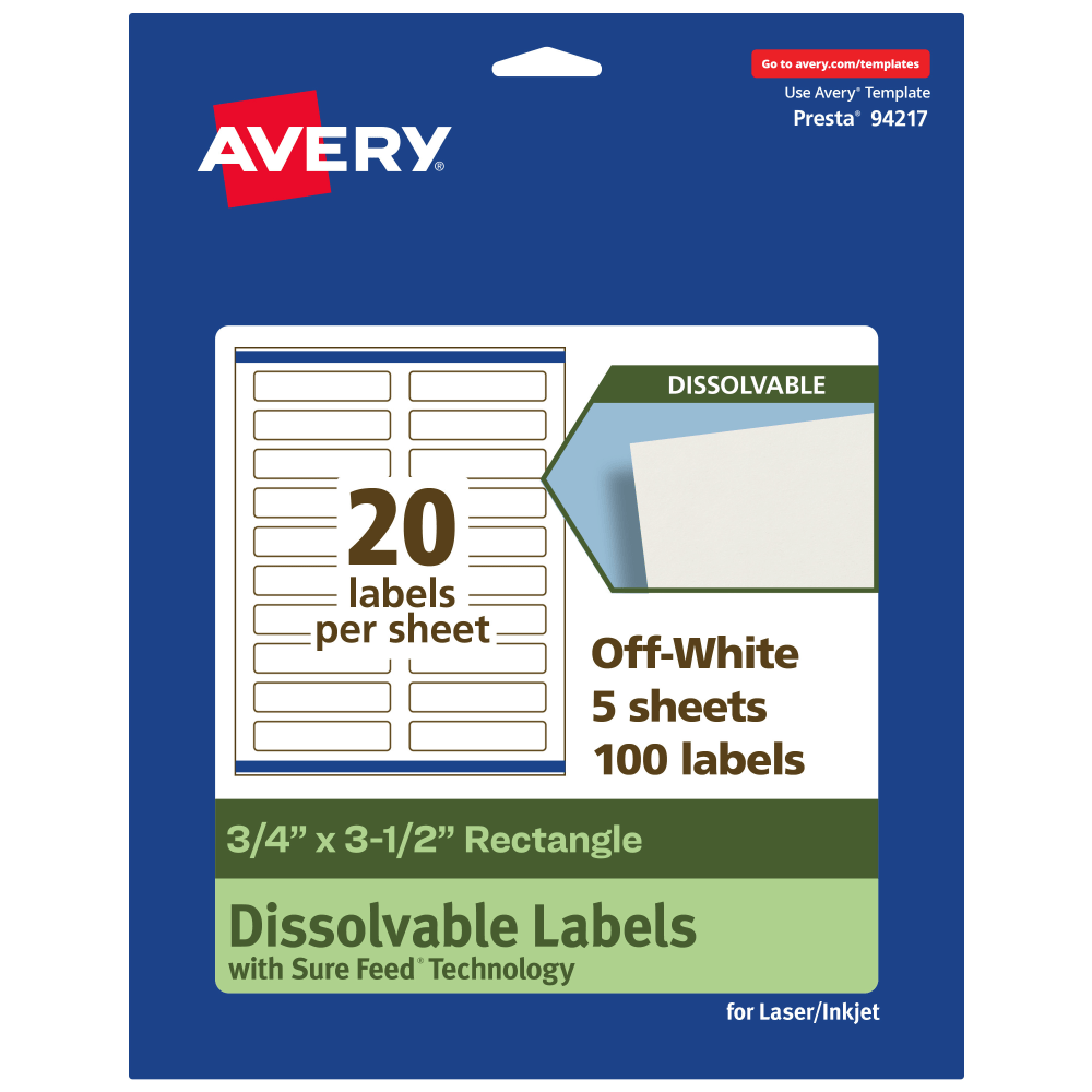Avery Print-to-the-Edge Dissolvable Labels With Sure Feed Technology, 94217-DWMP5, Rectangle, 3/4inx3-1/2in, Matte Off-White, Pack Of 100