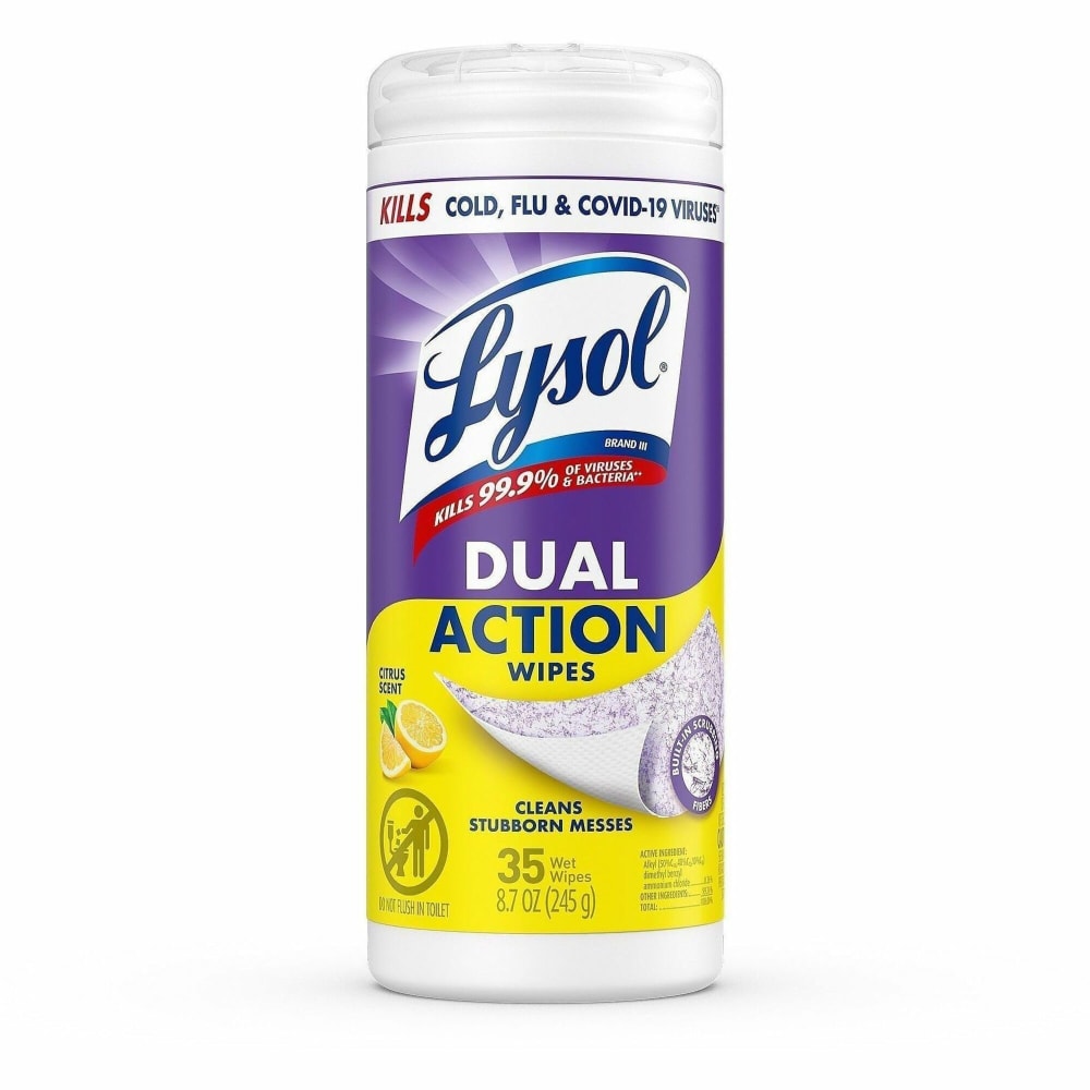 Lysol Dual Action Wipes, Citrus Scent, 7-1/4in x 7in, White/Purple, Canister Of 35 Wipes