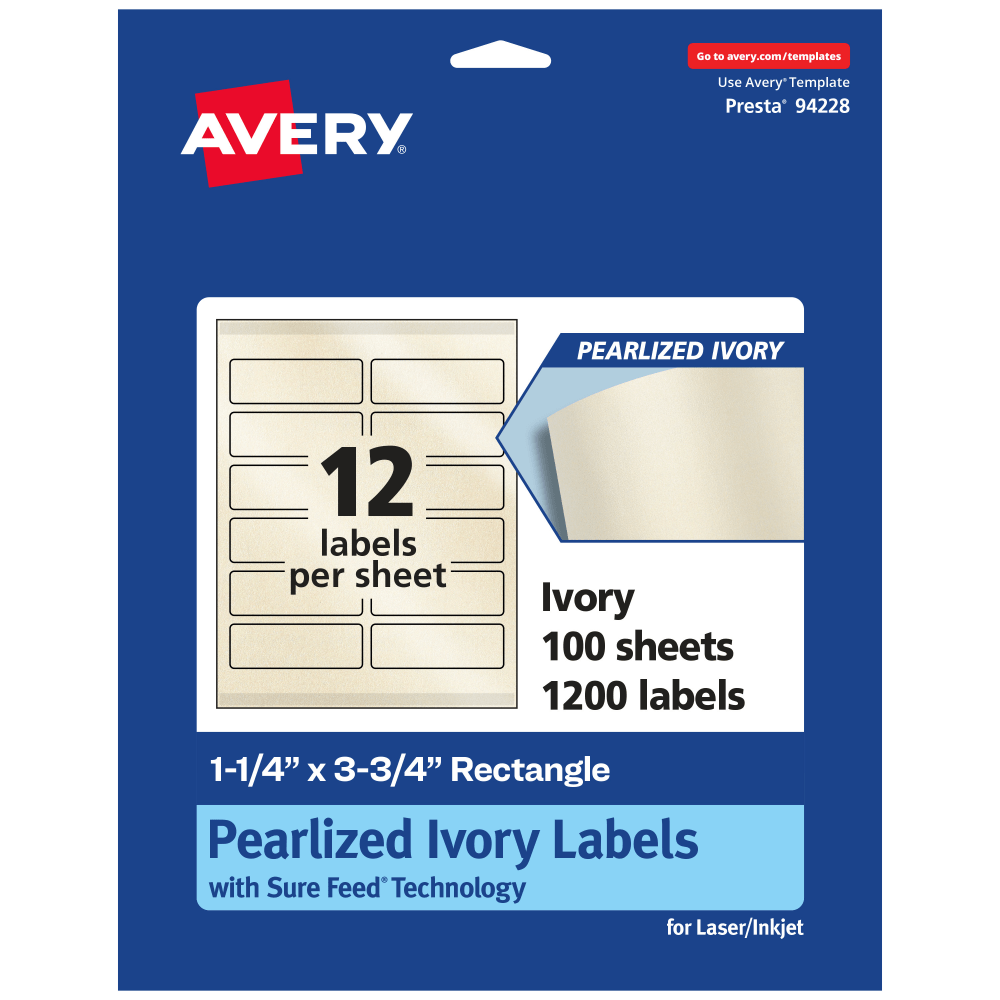 Avery Pearlized Permanent Labels With Sure Feed, 94228-PIP100, Rectangle, 1-1/4in x 3-3/4in, Ivory, Pack Of 1,200 Labels