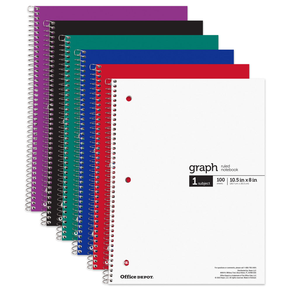 Office Depot Wirebound Notebooks, 8in x 10-1/2in, 1 Subject, Quad Ruled, 100 Sheets, Assorted Colors, Pack Of 6 Notebooks