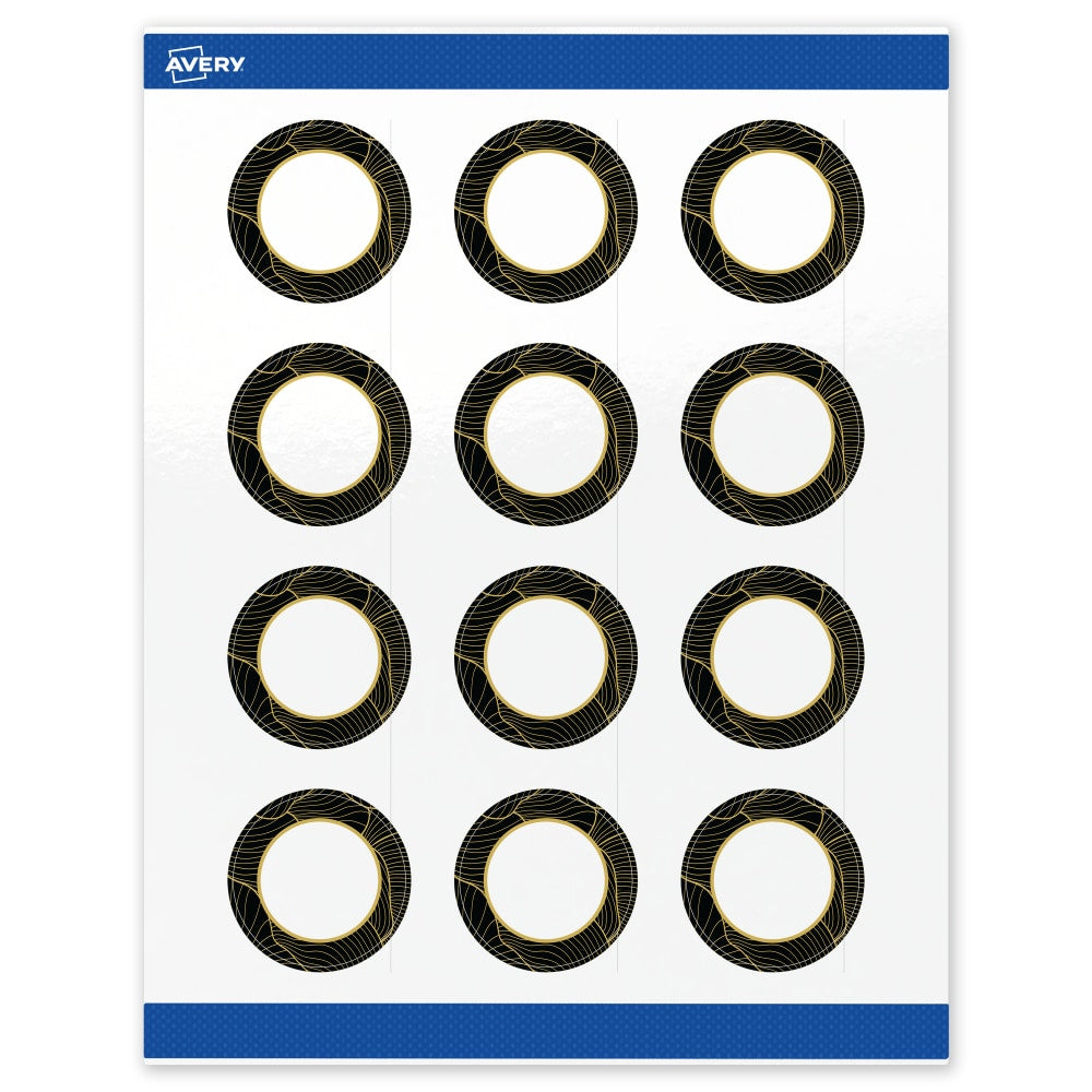 Avery Printable Labels With Sure Feed Technology, S00-ETJ, Round, 2in, Glossy White With Preprinted Black/Gold Vein Border, Pack Of 120