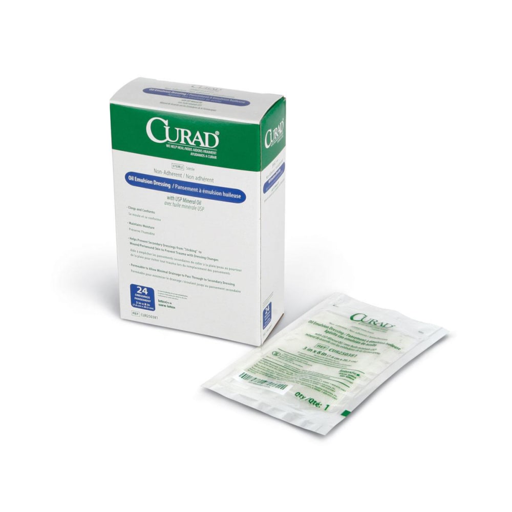 CURAD Sterile Oil Emulsion Non-Adherent Gauze, 3in x 8in, White, Pack Of 144