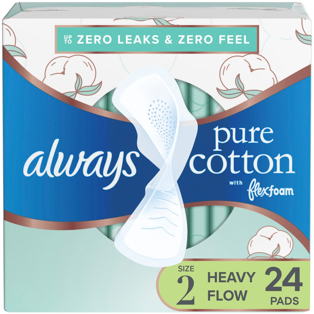Always Pure Cotton Feminine Pads For Women With Wings, Size 2, Heavy, Unscented, 24 Pads Per Pack, Case Of 3 Packs
