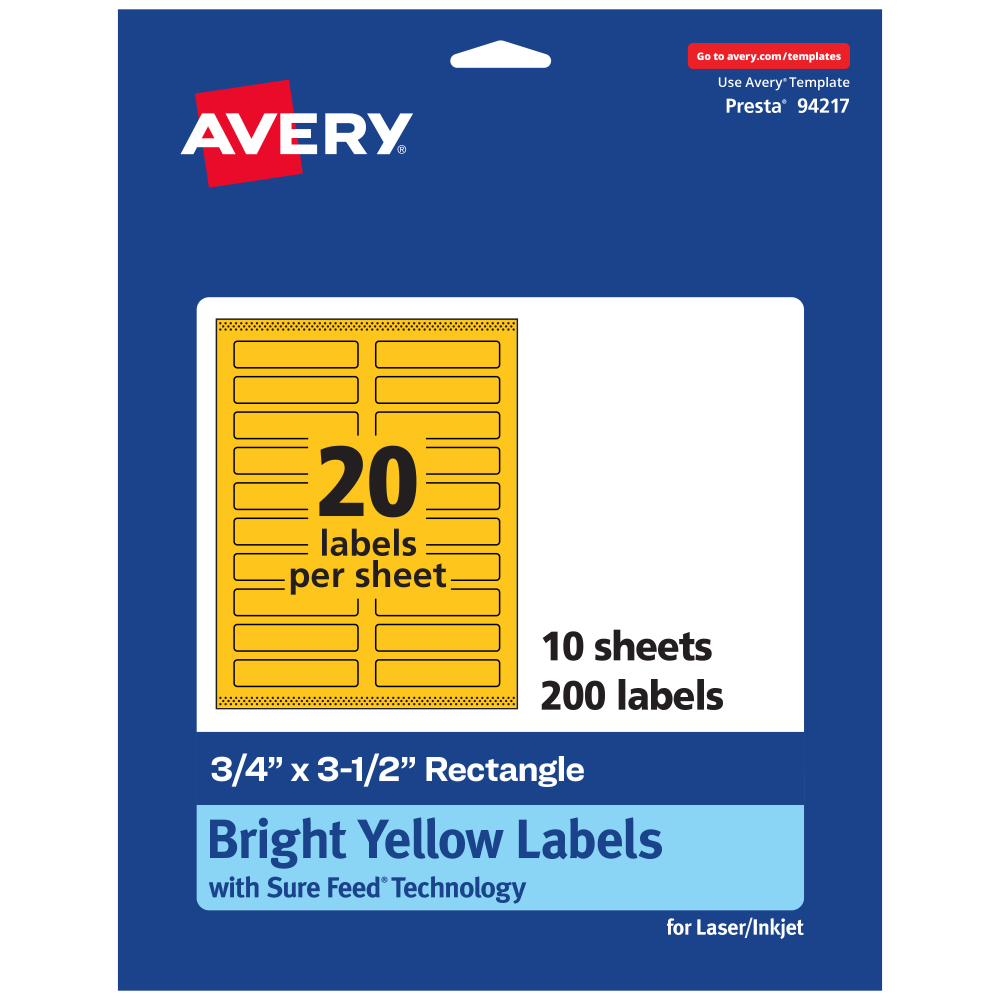 Avery Print-To-The-Edge Labels With Sure Feed Technology And Easy Peel, 94217-BYP10, Rectangle, 3/4in x 3-1/2in, Matte Bright Yellow, Pack of 200