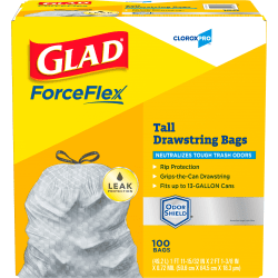 CloroxPro Glad ForceFlex Tall Kitchen Drawstring Trash Bags, 0.72 mil, 13 Gallon, Grey, Box Of 100