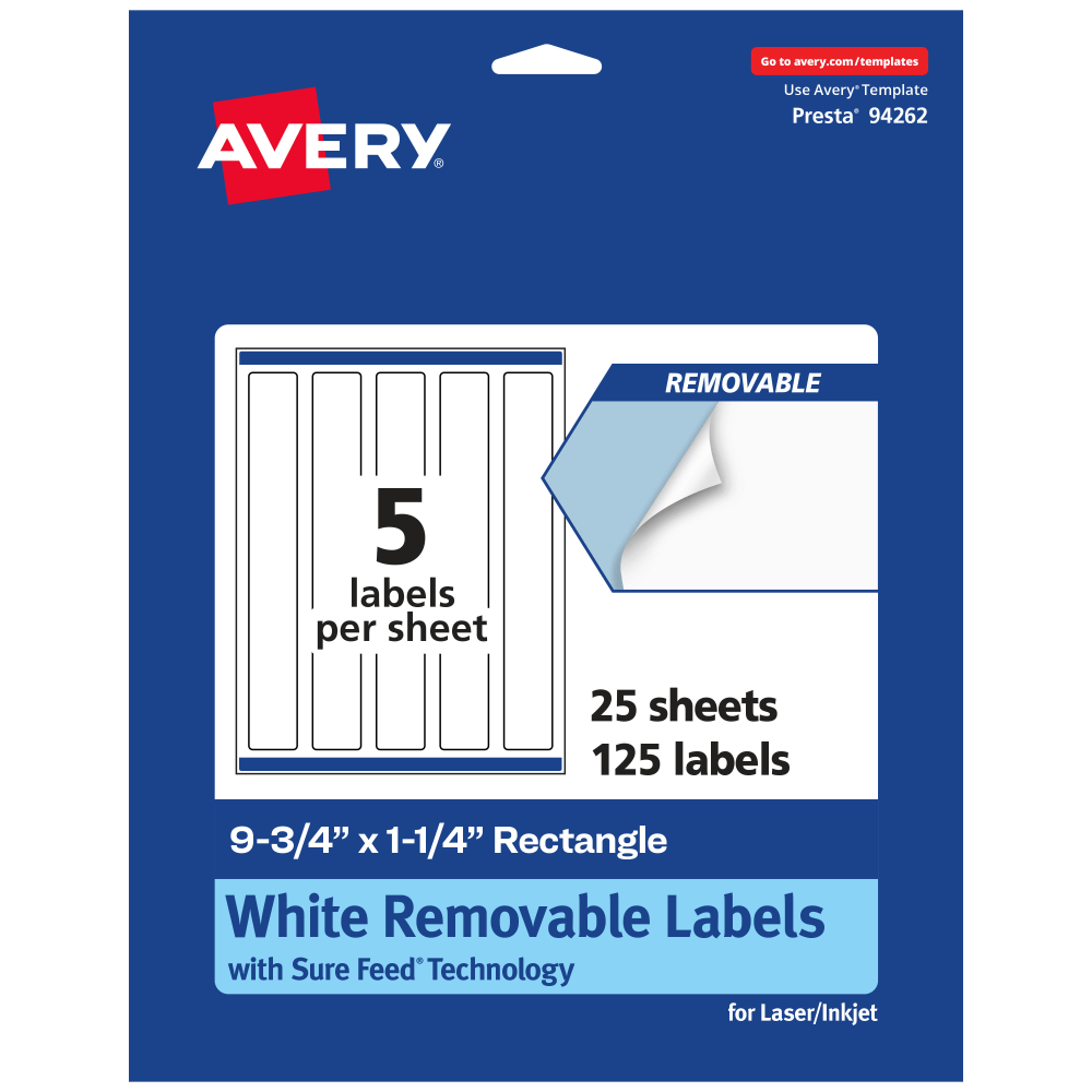 Avery Removable Labels With Sure Feed, 94262-RMP25, Rectangle, 9-3/4in x 1-1/4in, White, Pack Of 125 Labels
