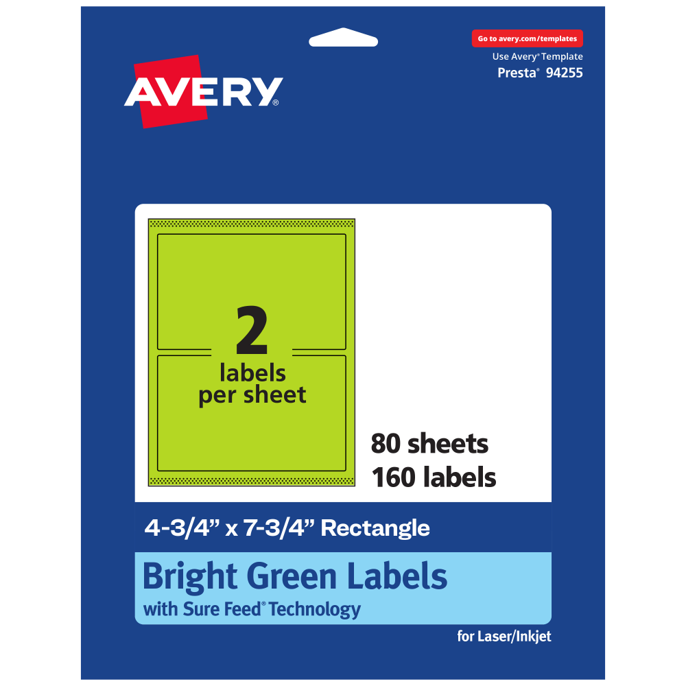 Avery Print-To-The-Edge Labels With Sure Feed Technology And Easy Peel, 94255-BGP80, Rectangle, 4-3/4in x 7-3/4in, Matte Bright Green, Pack of 160