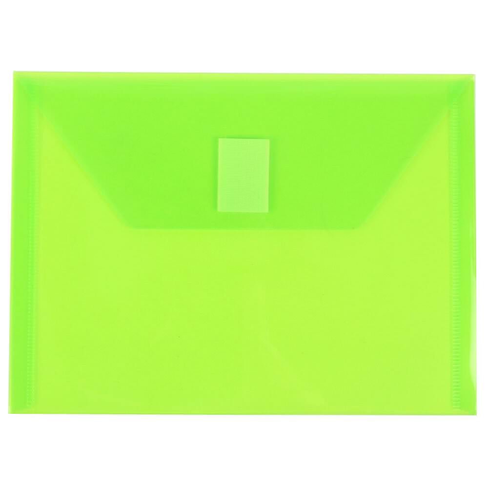 JAM Paper Plastic Booklet Envelopes With Hook-And-Loop Fastener, 5 1/2in x 7 1/2in, Gummed Seal, Lime Green, Pack Of 12