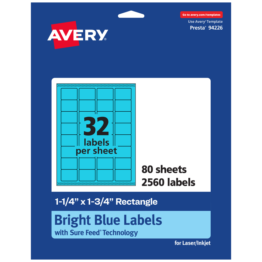Avery Printable Labels With Sure Feed Technology, 94226-BBP80, Rectangle, 1-1/4in x 1-3/4in, Matte Bright Blue, Pack of 2560