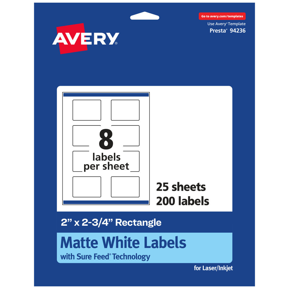 Avery Permanent Labels With Sure Feed, 94236-WMP25, Rectangle, 2in x 2-3/4in, White, Pack Of 200