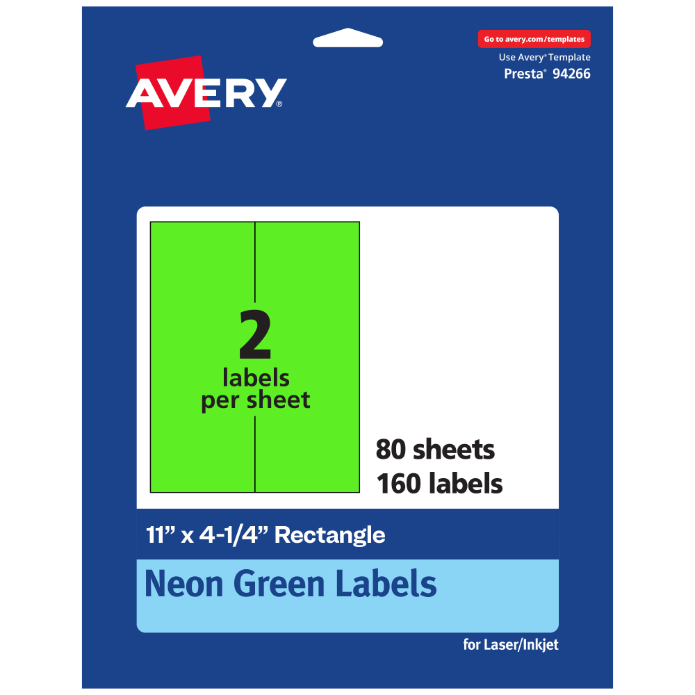 Avery Printable Labels, 94266-NGP80, Rectangle, 11in x 4-1/4in, Matte Neon Green, Pack of 160