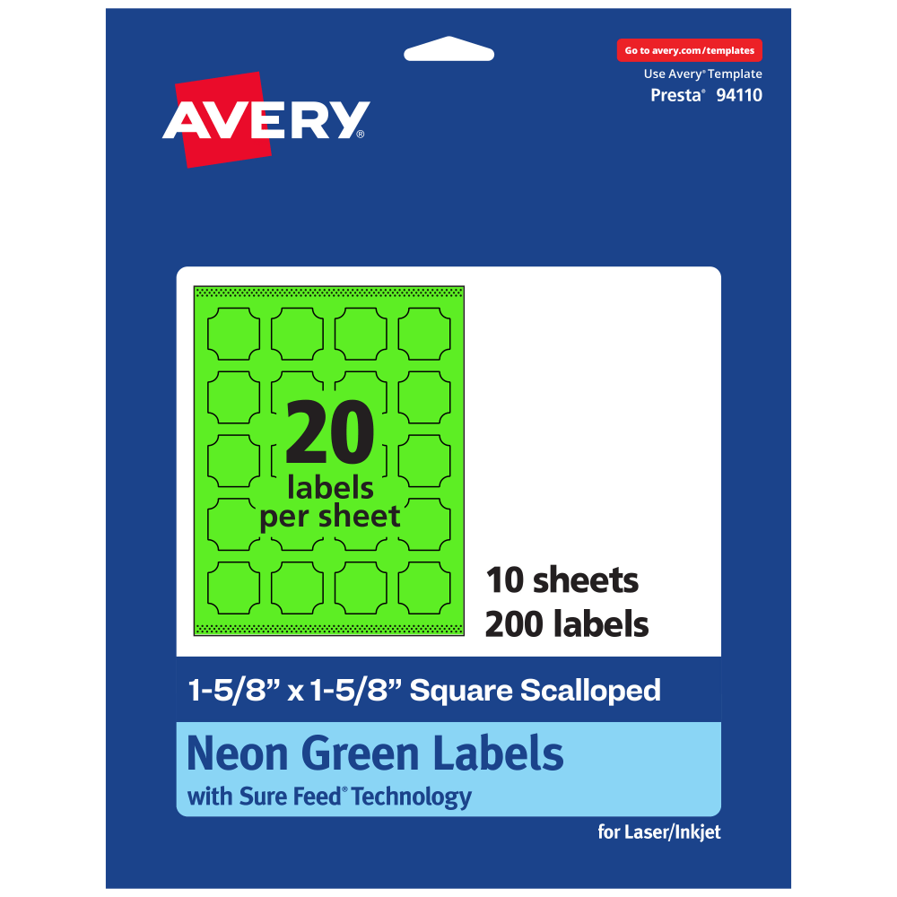 Avery Print-To-The-Edge Labels With Sure Feed Technology, 94110-NGP10, Square Scalloped, 1-5/8in x 1-5/8in, Matte Neon Green, Pack of 200