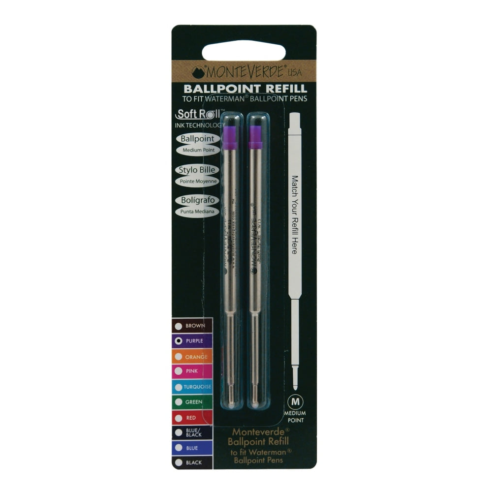 Monteverde Ballpoint Refills For Waterman Ballpoint Pens, Medium Point, 0.7 mm, Purple, Pack Of 2 Refills