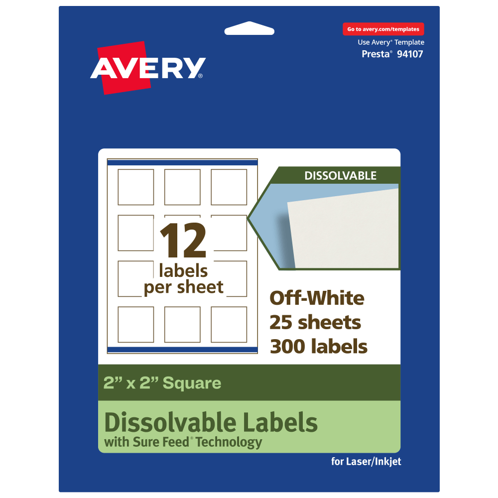 Avery Print-to-the-Edge Dissolvable Labels With Sure Feed Technology, 94107-DWMP25, Square, 2inx2in, Matte Off-White, Pack Of 300