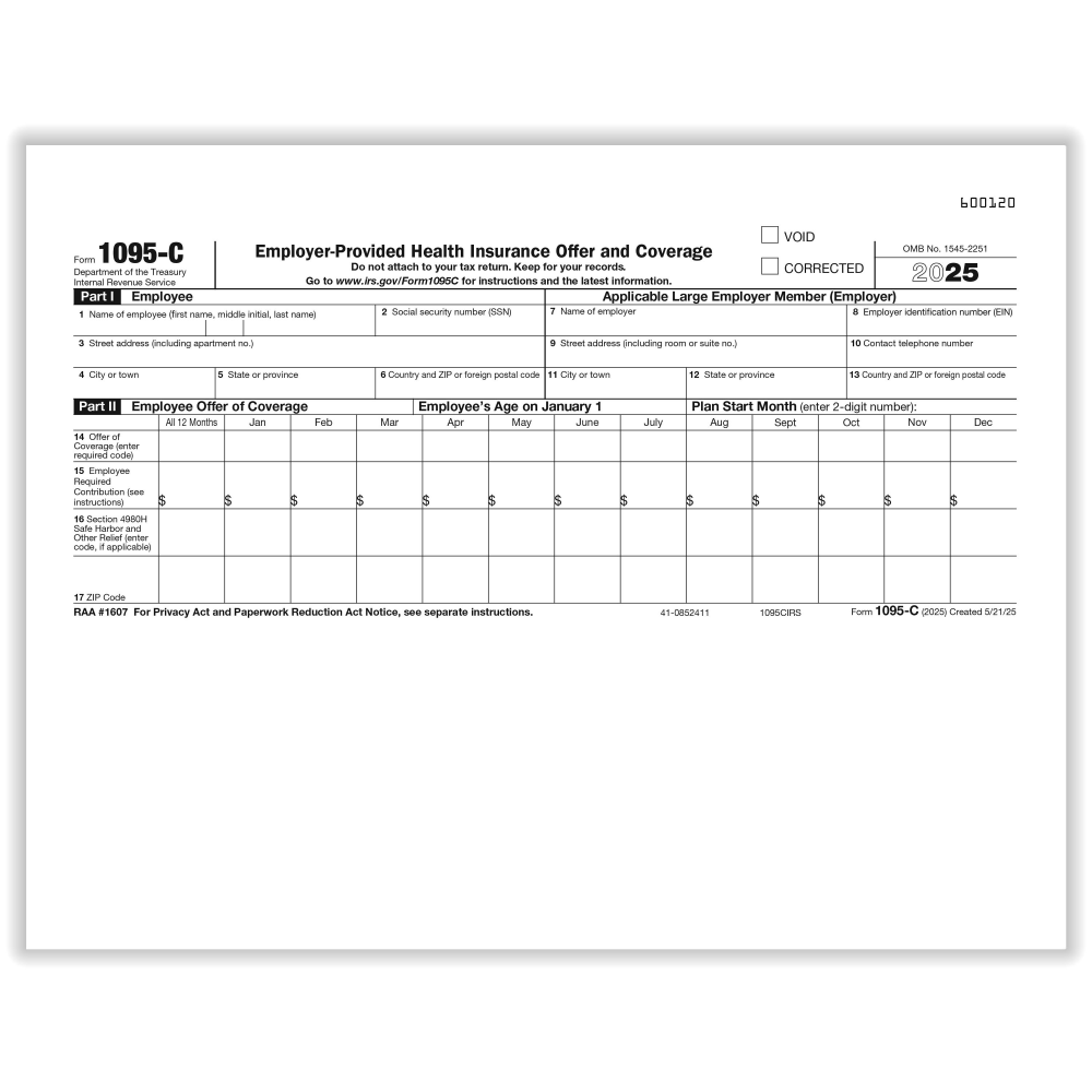 ComplyRight 1095-C Tax Forms, IRS Copy of Health Coverage, 8-1/2in x 11in, Pack Of 50 Forms