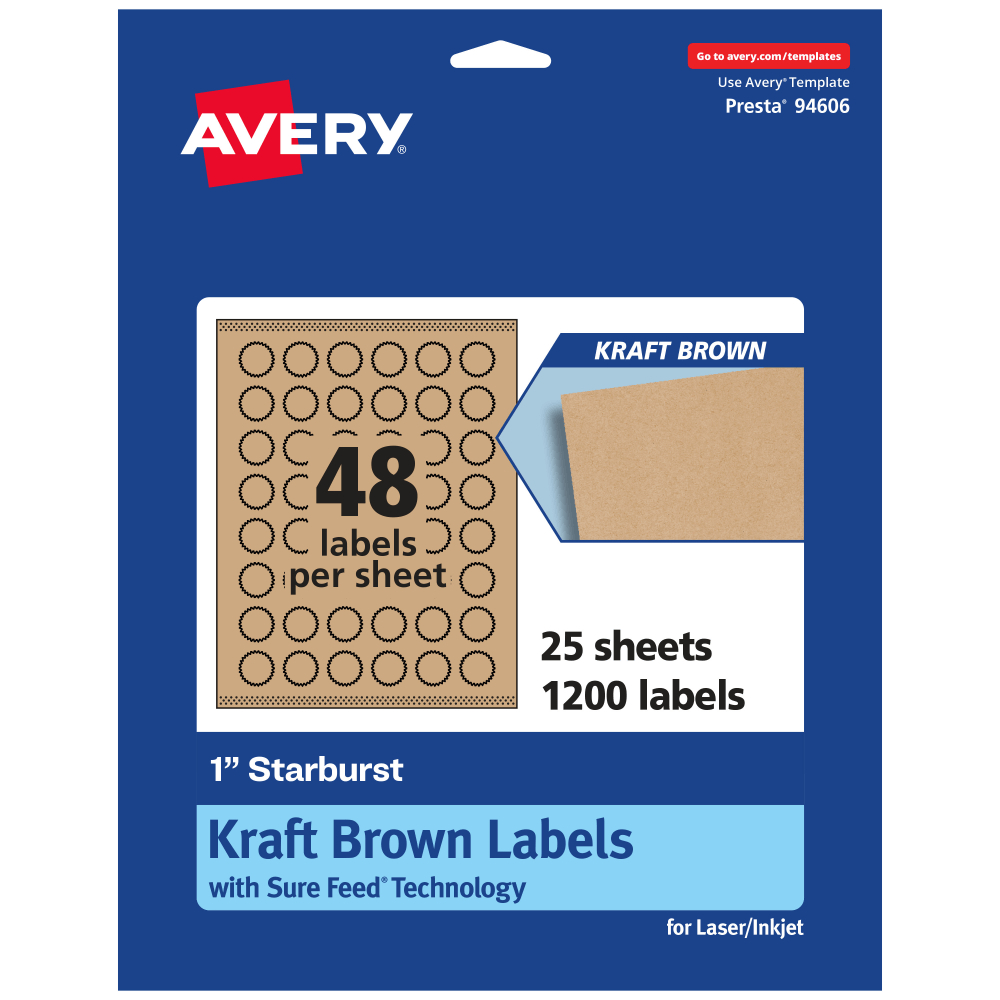 Avery Kraft Permanent Labels With Sure Feed, 94606-KMP25, Starburst, 1in, Brown, Pack Of 1,200