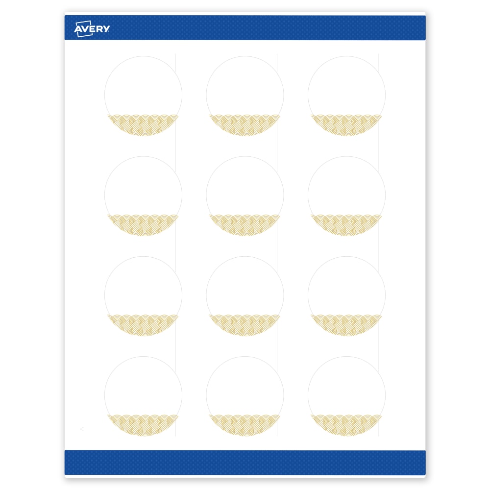 Avery Printable Labels With Sure Feed Technology, S00-EWW, Round, 2in, Matte White With Preprinted Gold Lace Trim Pattern, Pack Of 120