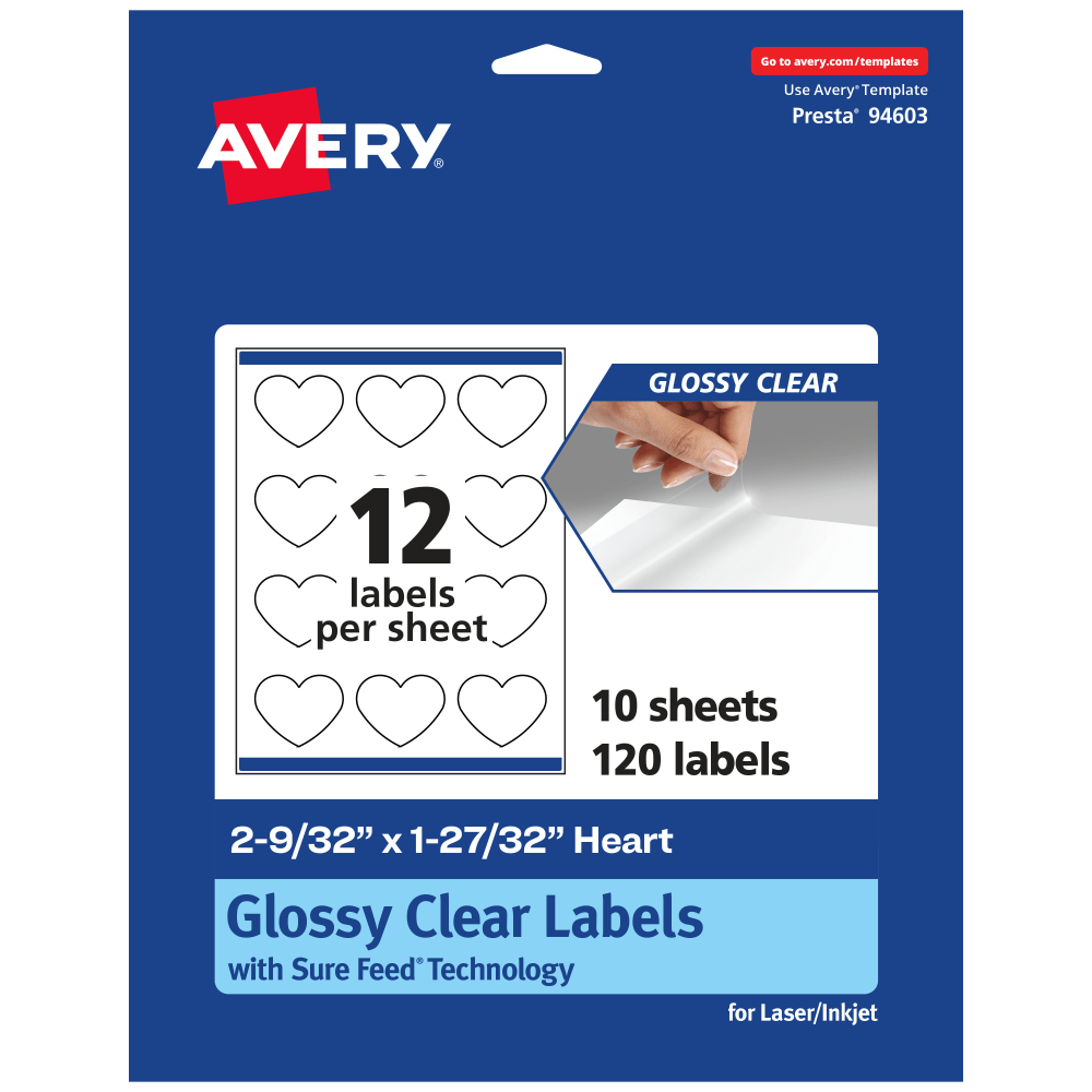 Avery Glossy Permanent Labels With Sure Feed, 94603-CGF10, Heart, 2-9/32in x 1-27/32in, Clear, Pack Of 120