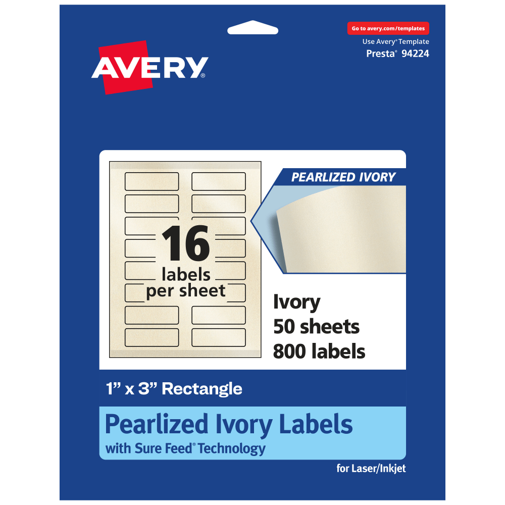 Avery Pearlized Permanent Labels With Sure Feed, 94224-PIP50, Rectangle, 1in x 3in, Ivory, Pack Of 800 Labels