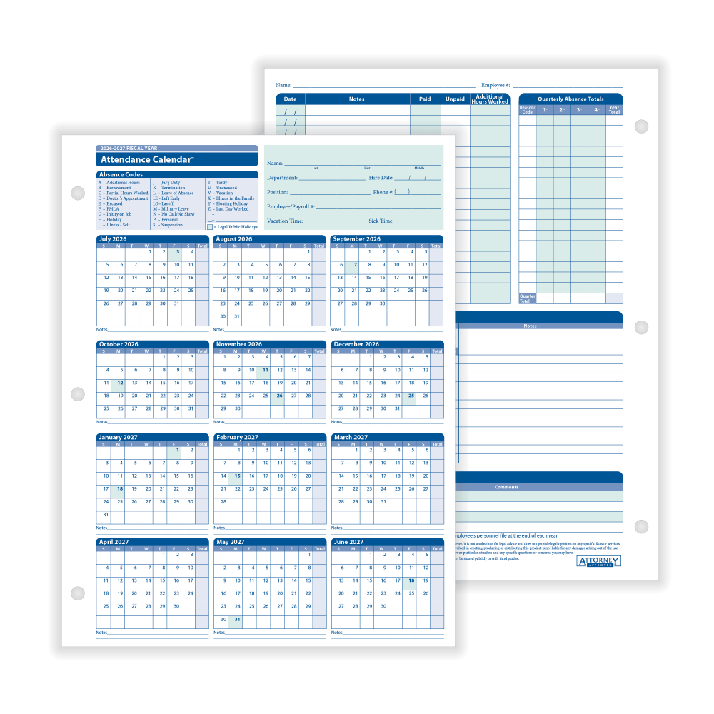 ComplyRight 2026-2027 Fiscal Attendance Calendar, 8-1/2in x 11in, Pack Of 50