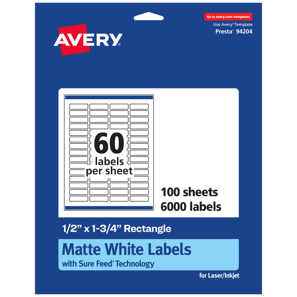 Avery Permanent Labels With Sure Feed, 94204-WMP100, Rectangle, 1/2in x 1-3/4in, White, Pack Of 6,000