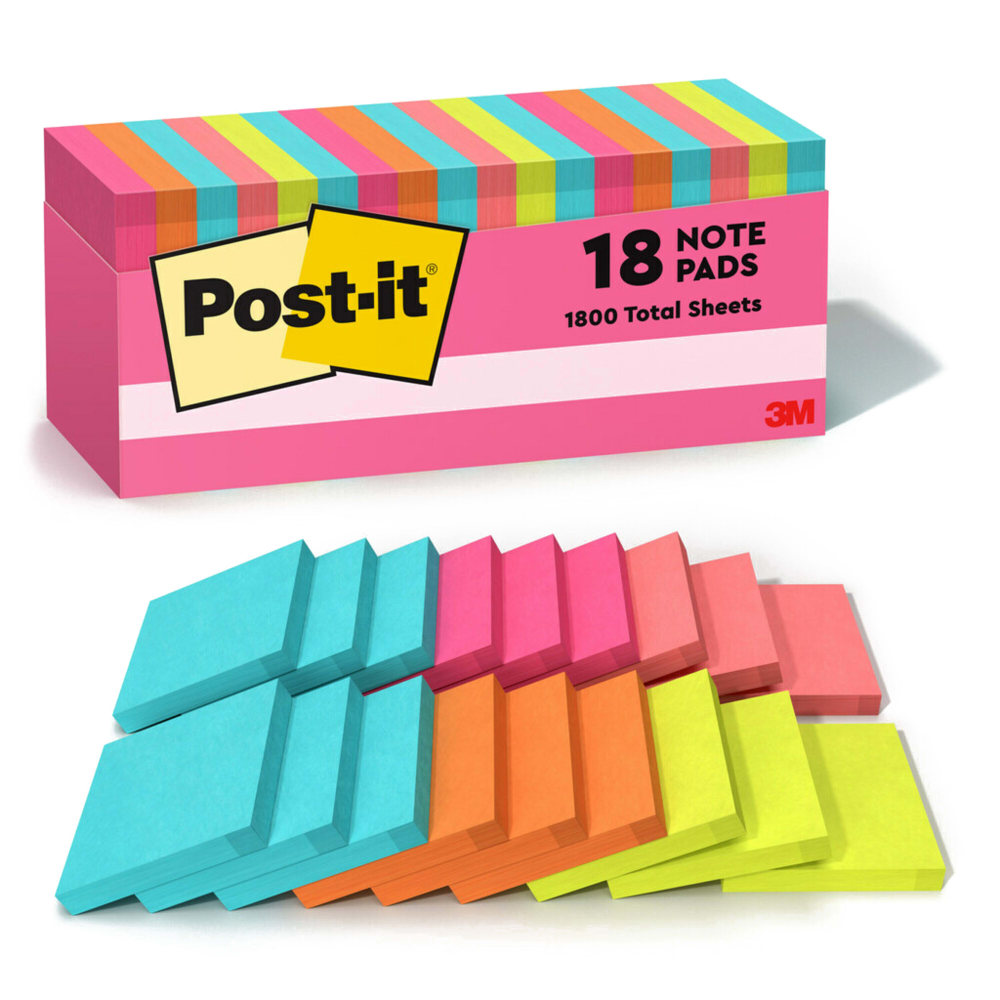 Post-it Notes, 3 x 3 in, 18 Sticky Note Pads, 100 Sheets/Pad, Clean Removal, Back to School Supplies and Office Supplies, Poptimistic