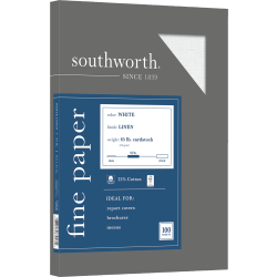 Southworth 25% Cotton Linen Cover Stock, 8 1/2in x 11in, 65 Lb, White, Pack Of 100