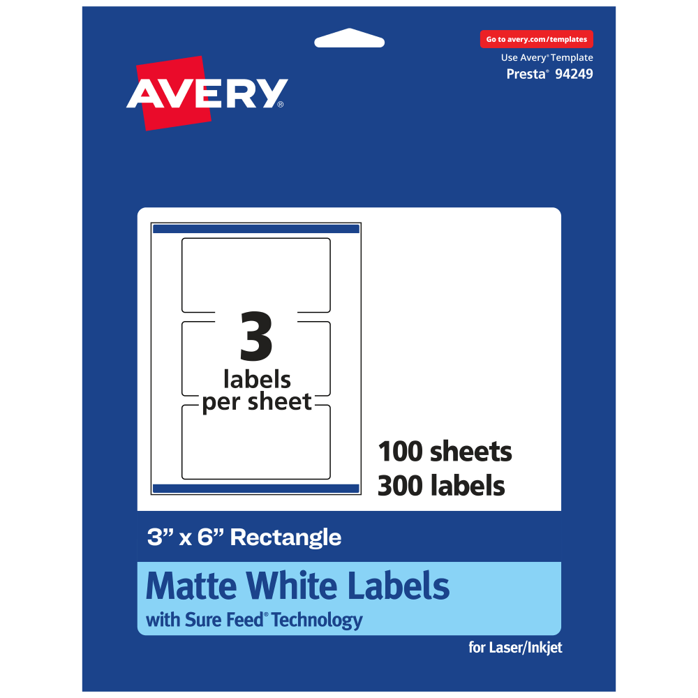 Avery Permanent Labels With Sure Feed, 94249-WMP100, Rectangle, 3in x 6in, White, Pack Of 300