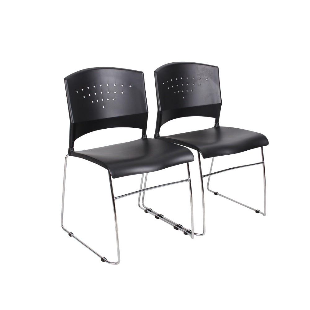 Boss Office Products Plastic Seat, Plastic Back Stacking Chair, 18in Seat Width, Black Seat/Chrome Frame, Quantity: 2
