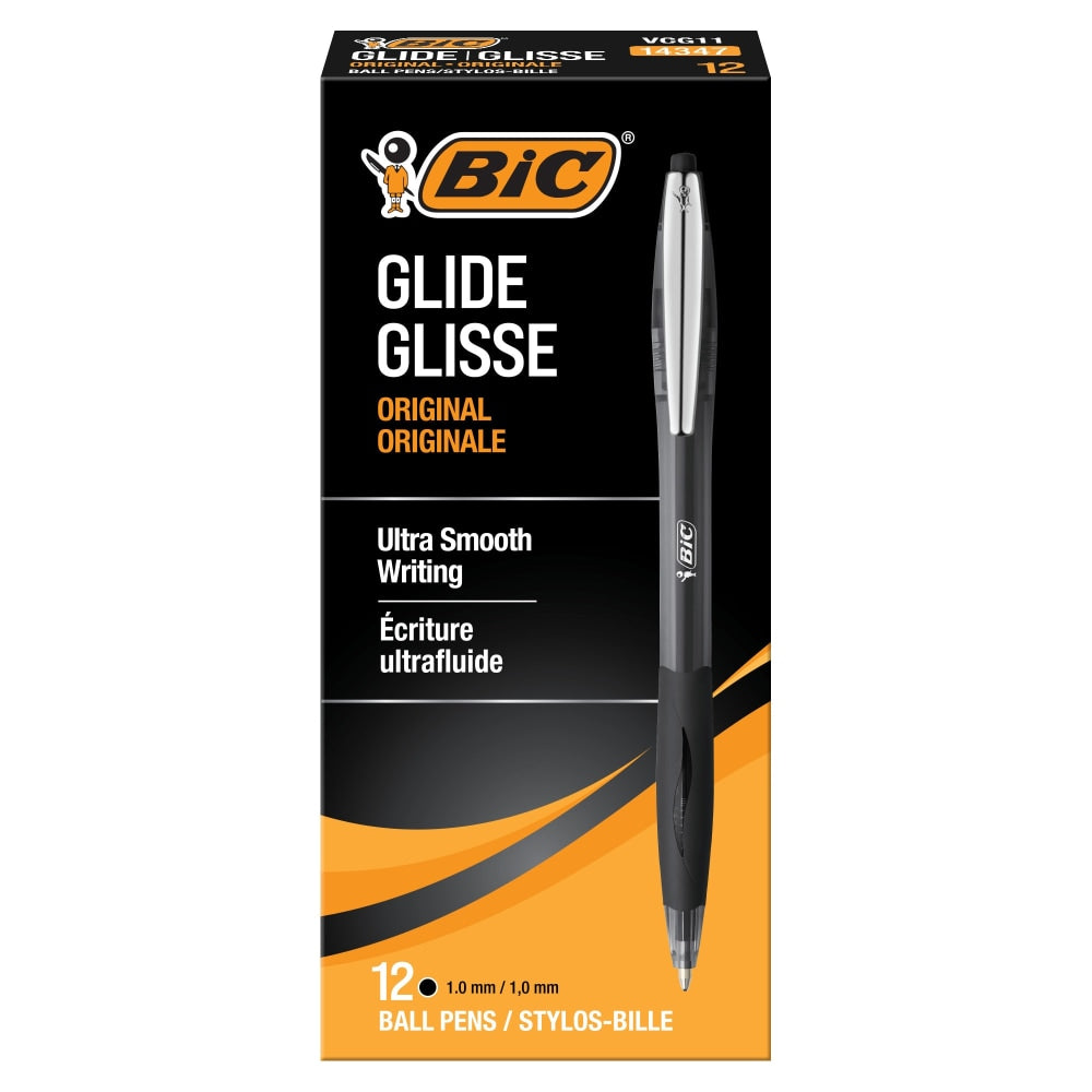 BIC Glide Retractable Ballpoint Pens, Medium Point, 1.0 mm, Clear Barrel, Black Ink, Pack Of 12