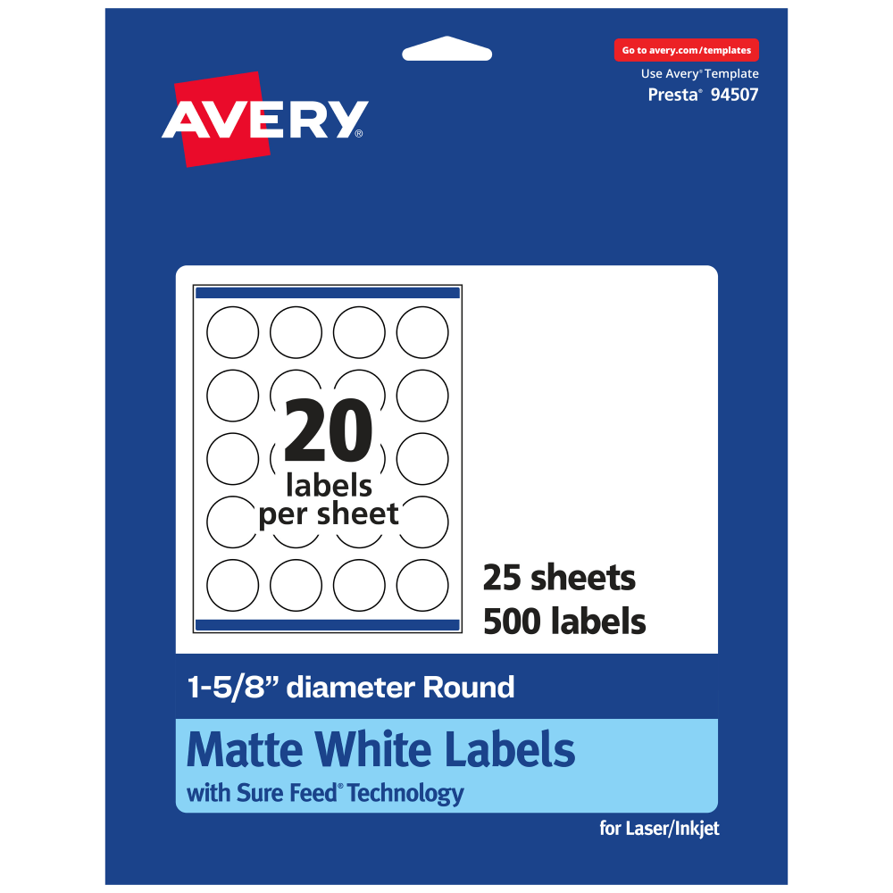 Avery Permanent Labels With Sure Feed, 94507-WMP25, Round, 1-5/8in Diameter, White, Pack Of 500