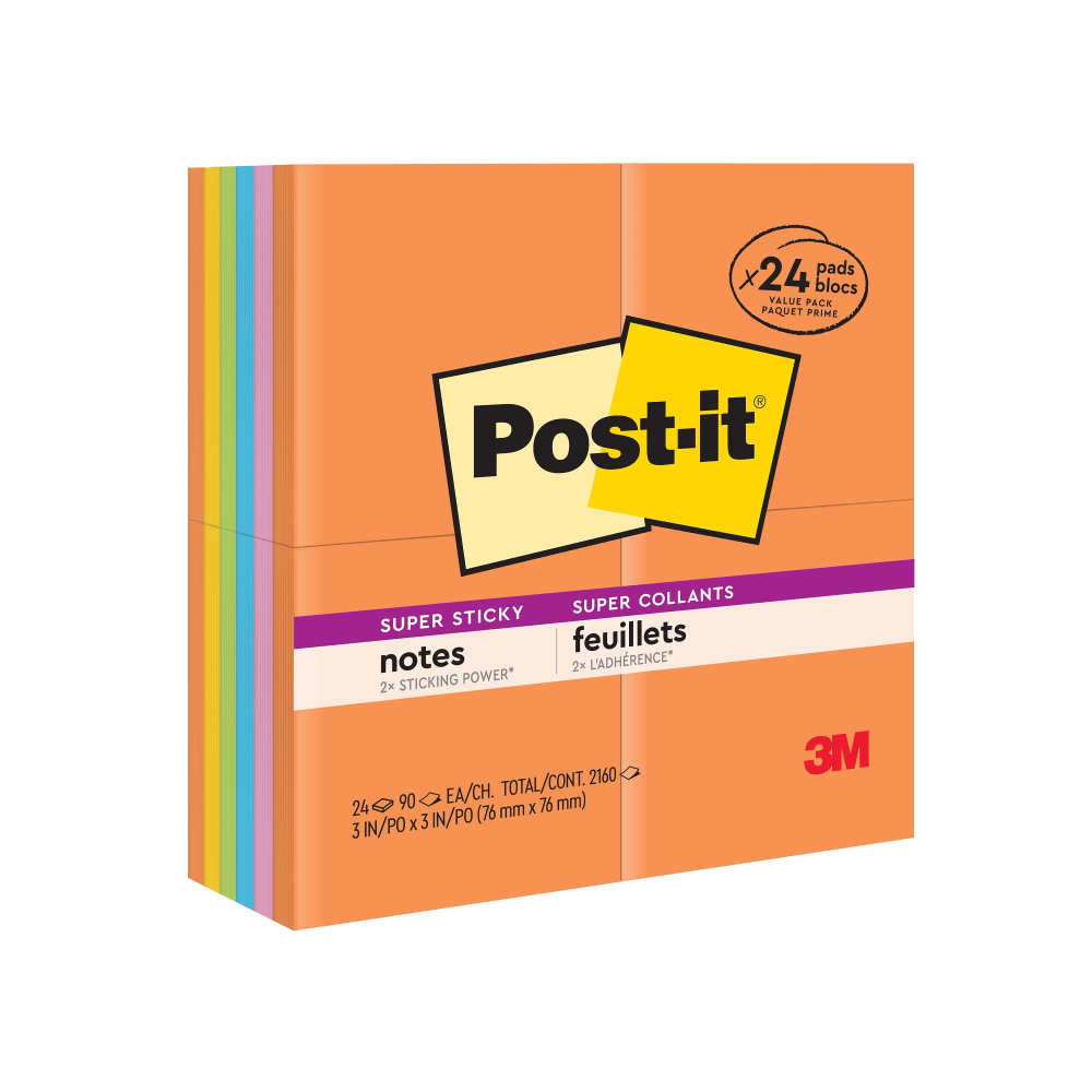 Post-it Super Sticky Notes, 3 x 3 in, 24 Sticky Note Pads, 90 Sheets/Pad, 2x the Sticking Power, Back to School Supplies, Energy Boost