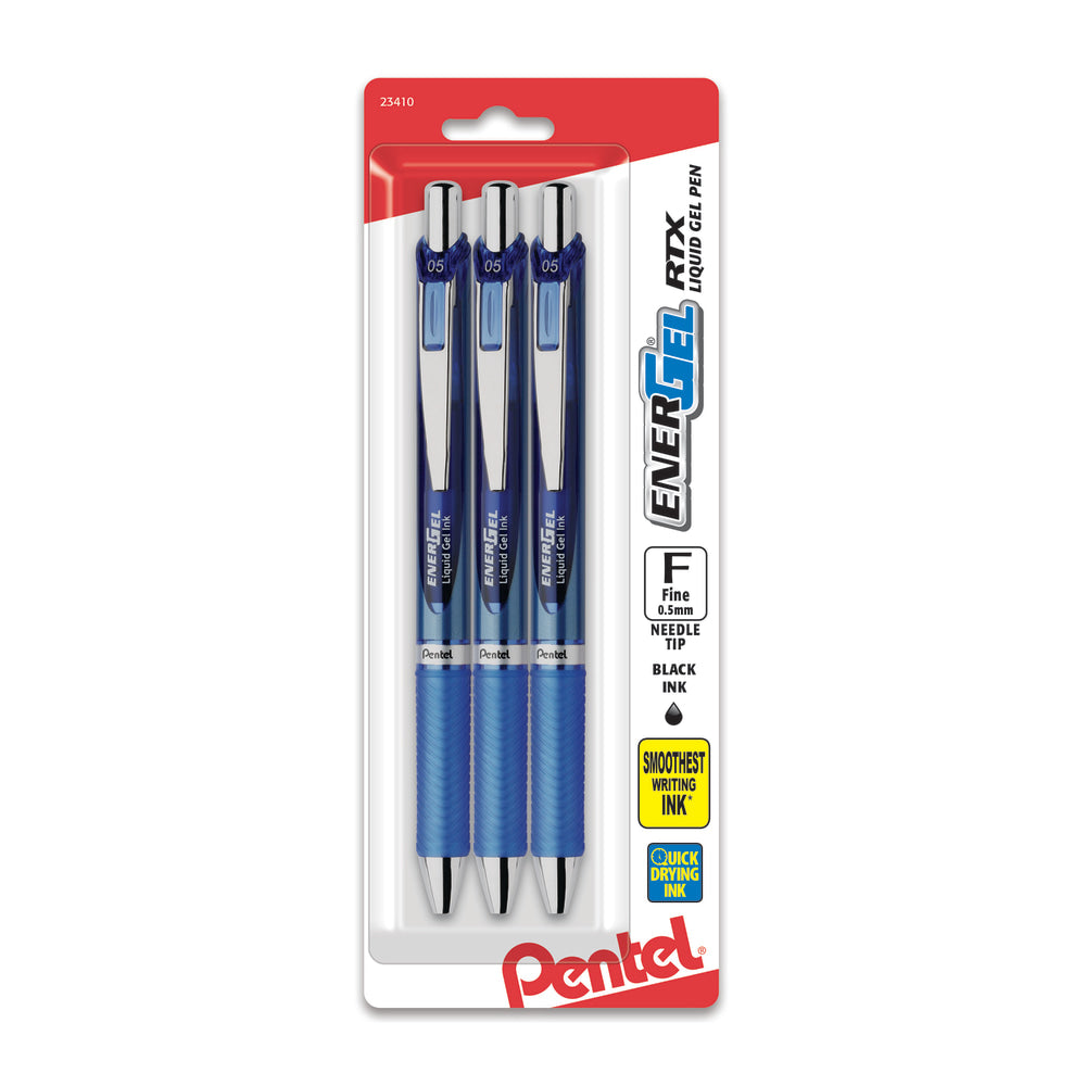 Pentel EnerGel Deluxe RTX Retractable Pens, Needle Point, 0.5 mm, Assorted Barrels, Blue Ink, Pack Of 3