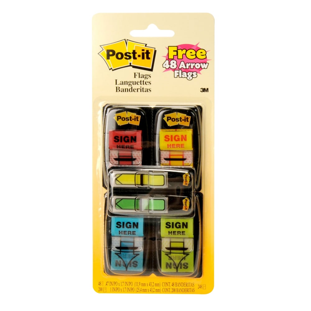 Post-it Flags, 1 x 1.7 in, 4 Dispensers, 50 Flags/Dispenser, Assorted Colors, "Sign Here", Back to School Supplies for Students