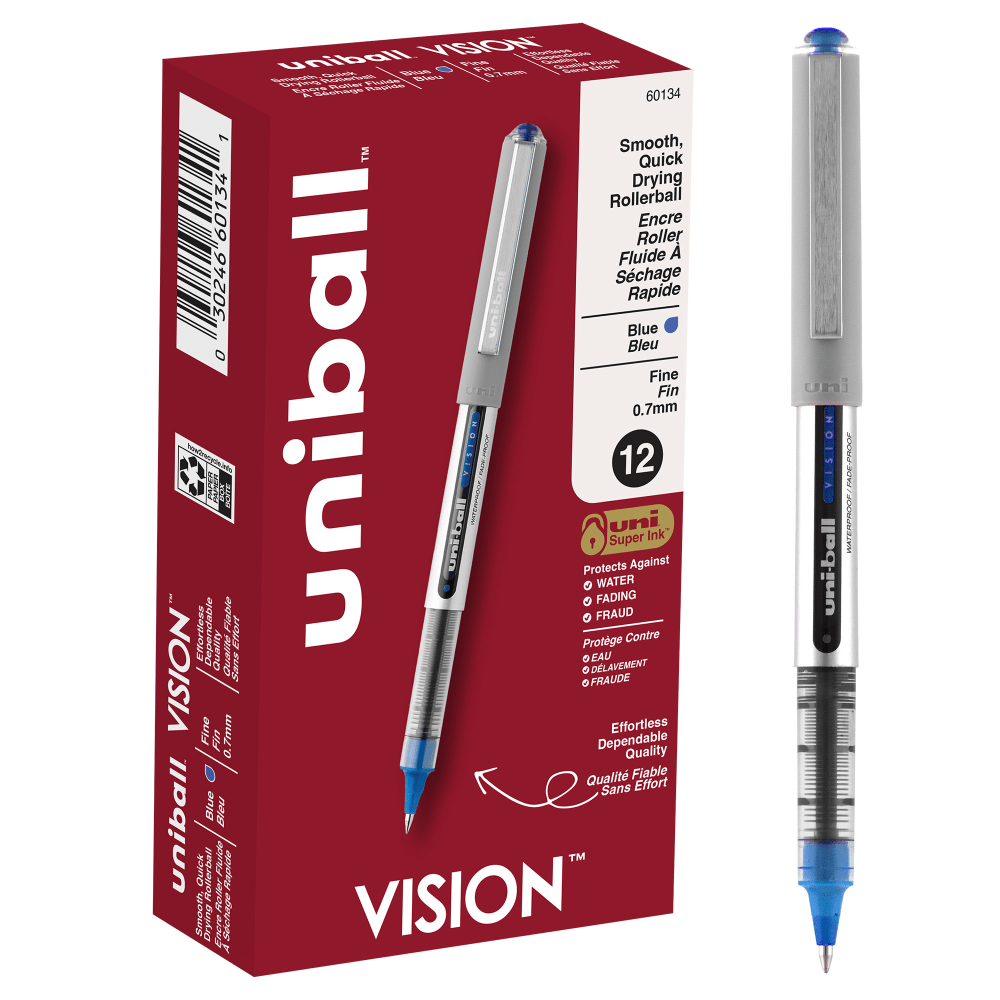 uni-ball Vision Rollerball Pens, Fine Point, 0.7 mm, Gray Barrel, Blue Ink, Pack Of 12