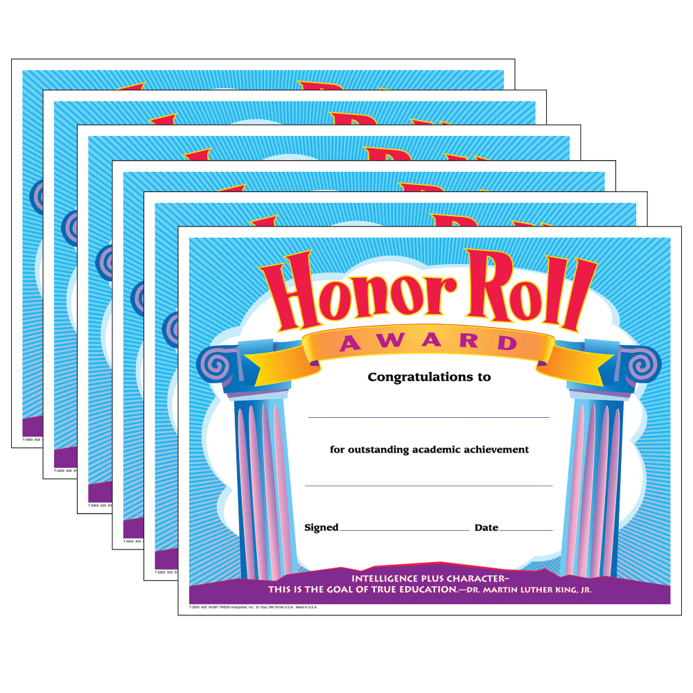 Trend Classic Certificates, 8-1/2in x 11in, Honor Roll, Pack Of 30 Certificates, Set Of 6 Packs