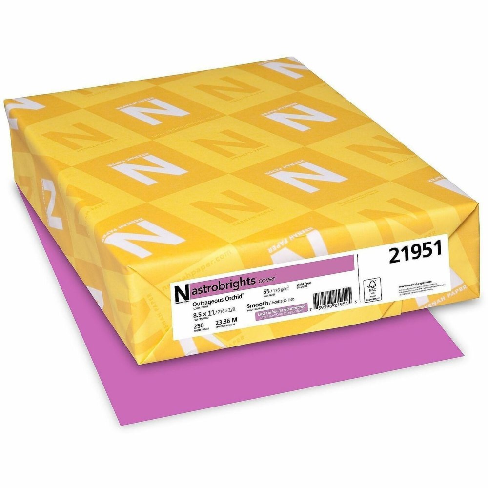Wausau Astrobrights Multi-Use Card Stock, Outrageous Orchid, Letter (8.5in x 11in), 65 Lb, Pack Of 250