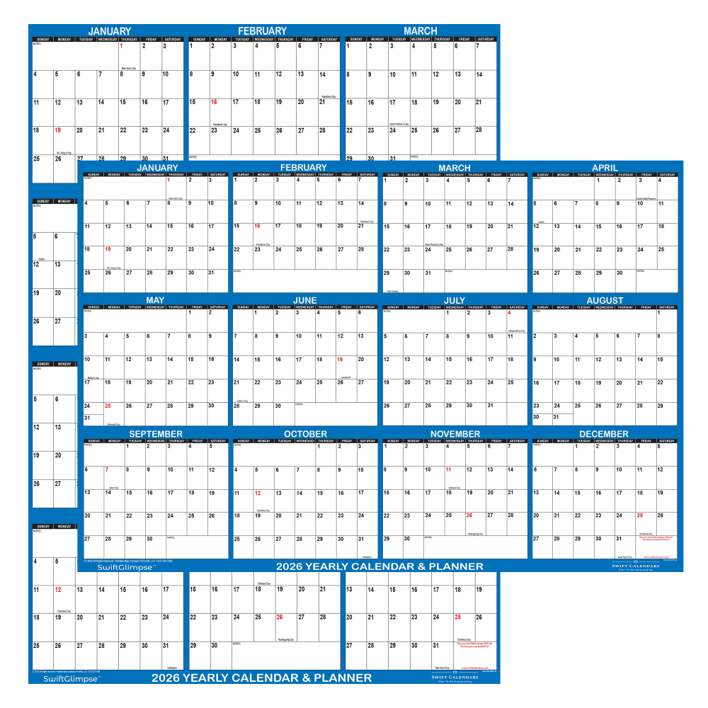 2026 SwiftGlimpse Yearly Reversible Erasable Wall Calendar, 18in x 24in, White/Navy, January To December