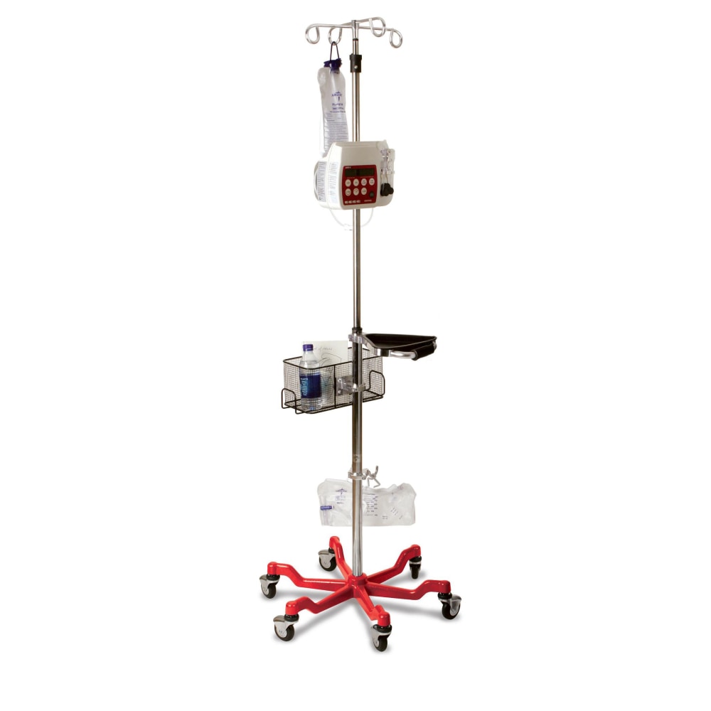Medline 6-Leg Heavy-Duty IV Stands, 73in - 99 1/2in x 24in, Red/Stainless Steel, Pack Of 2